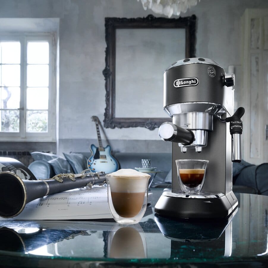 De’Longhi Dedica Style EC685.BK black espresso machine in a kitchen