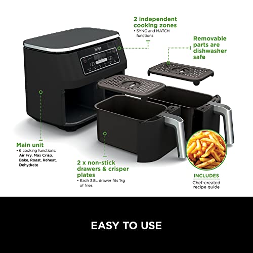 Ninja Foodi 6-in-1 Dual Zone 7.6L Air Fryer, 2 Drawers, Black AF300UK
