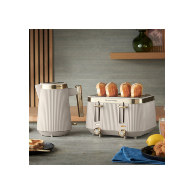 Russell Hobbs Brontë 4 Slice Toaster, Stone – lifestyle view; kettle not included